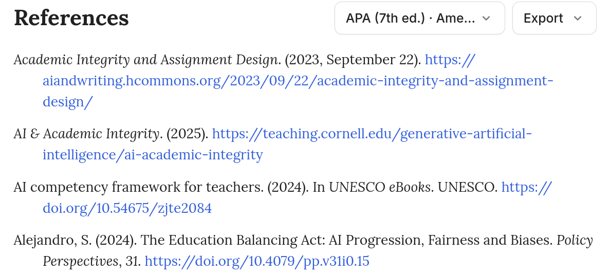 Auto-generated References section formatted in APA 7th edition with a style dropdown and Export button