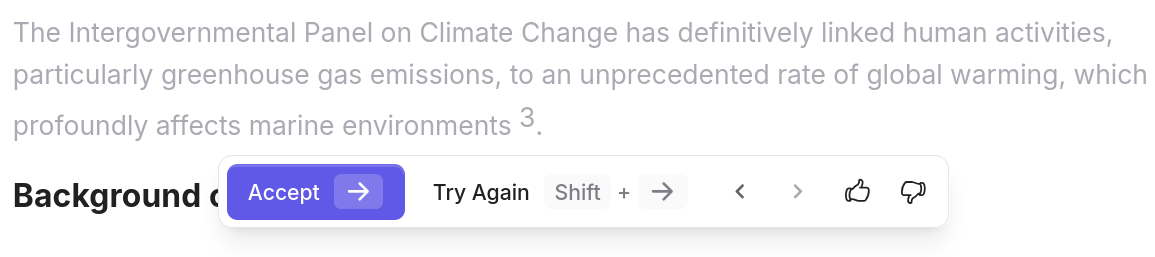 Autocomplete suggestion shown as gray text continuing a paragraph about climate change, with Accept and Try Again buttons and navigation arrows