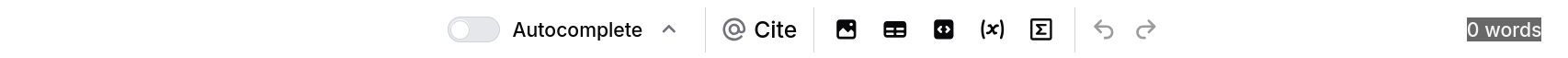 Editor bottom toolbar showing autocomplete toggle, cite button, insert icons, undo/redo, and word count