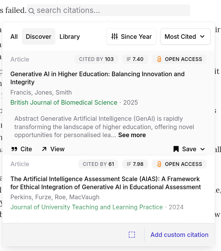 Citation search panel with tabs for All, Discover, and Library, filters for year and sort order, and results showing articles with citation counts, impact factors, open access badges, abstracts, and Cite/View/Save actions