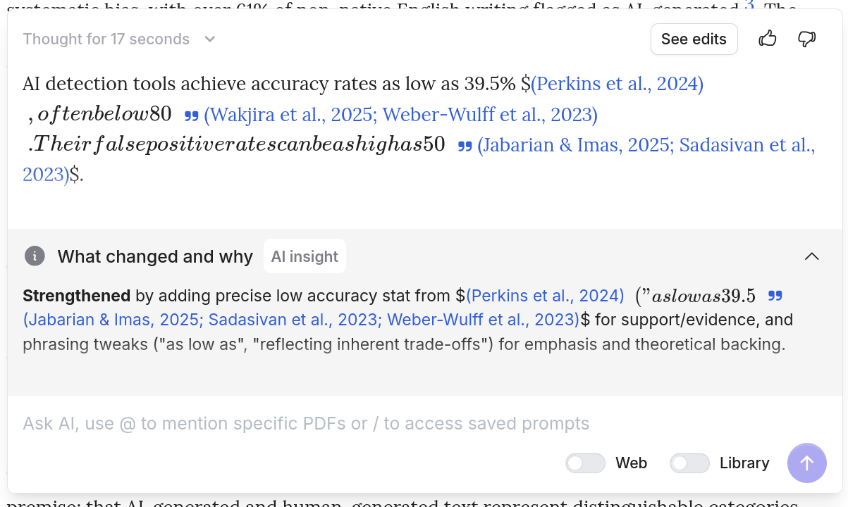AI editing diff view showing strengthened text with inline citations, a What changed and why panel explaining the edit, and See edits / thumbs up / thumbs down controls