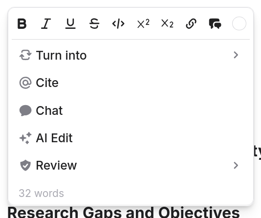 Formatting toolbar with bold, italic, underline, strikethrough, code, superscript, subscript, link, and citation options, plus Turn into, Cite, Chat, AI Edit, and Review actions