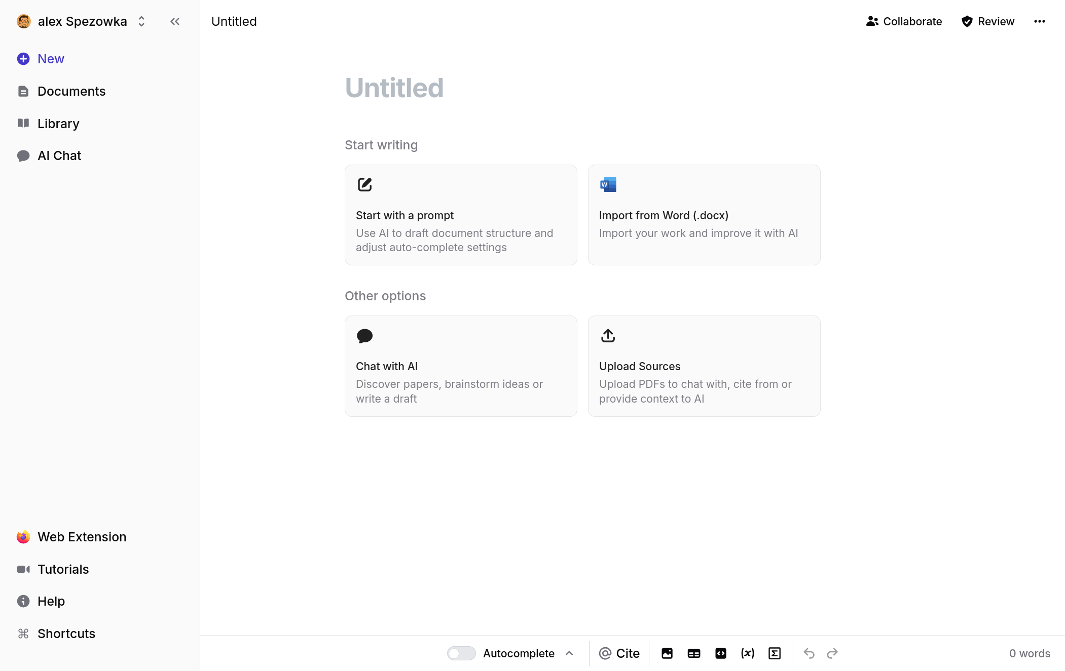 The Jenni workspace showing sidebar navigation, document area, and onboarding cards