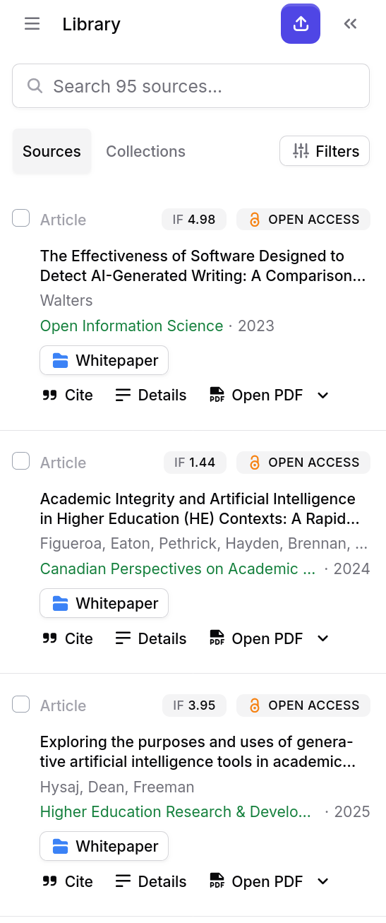 Library panel showing a search bar, Sources and Collections tabs, Filters button, and a list of articles with impact factor badges, open access tags, collection labels, and Cite/Details/Open PDF actions