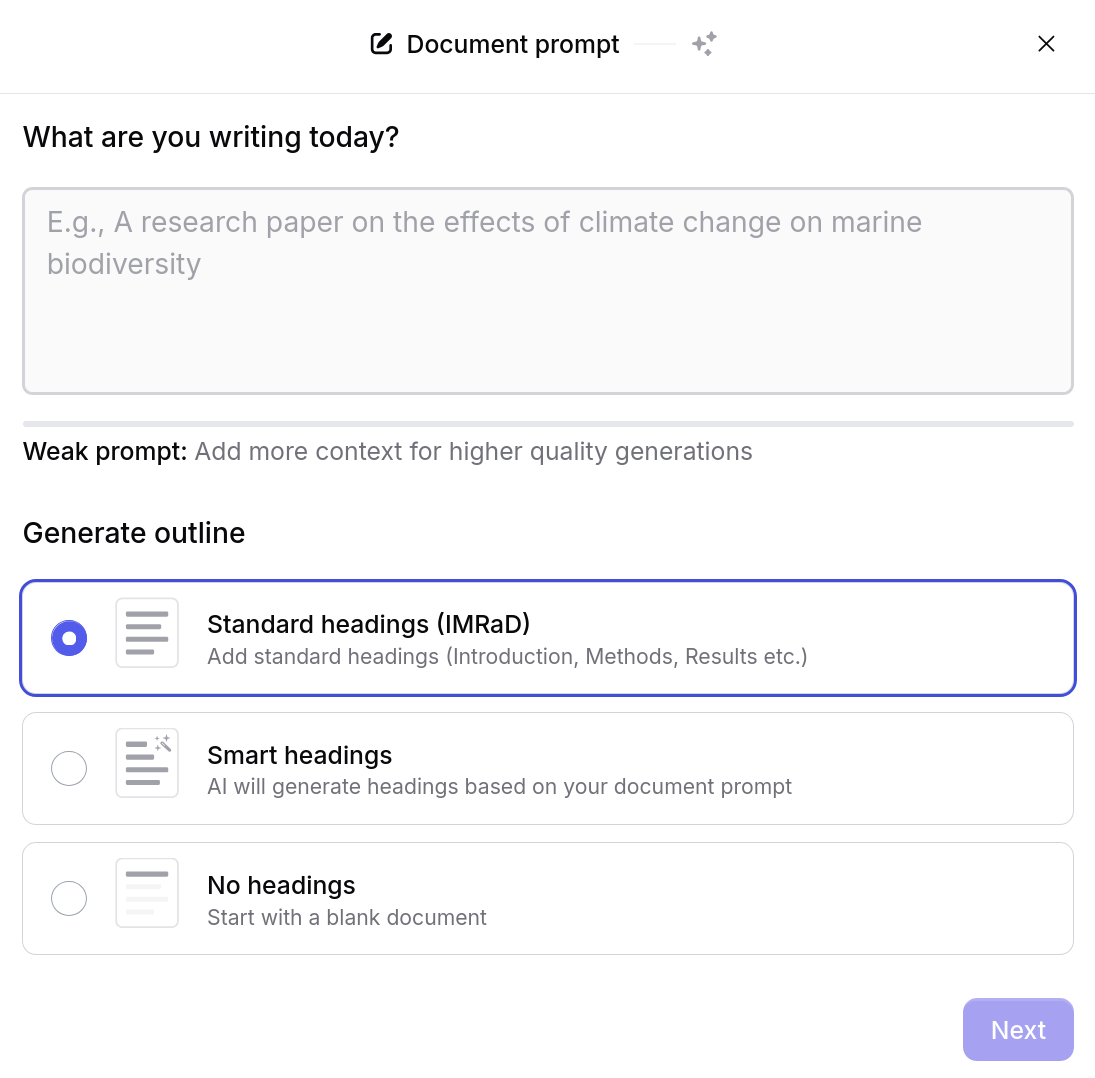 Outline Builder dialog showing a document prompt field with title strength indicator, and three heading mode options: Standard headings (IMRaD), Smart headings, and No headings