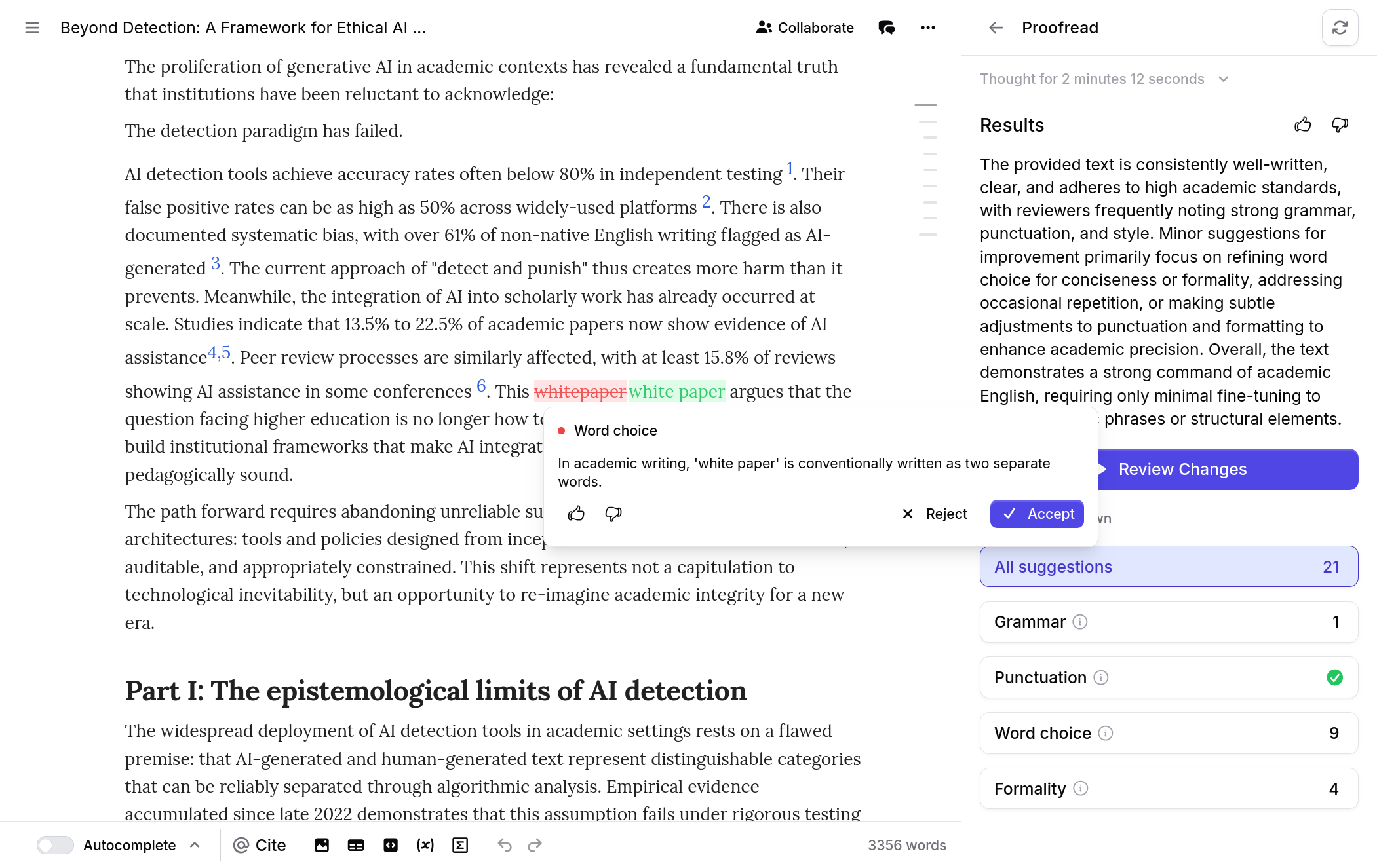 Proofread review active in the editor showing inline word choice suggestion for whitepaper vs white paper, with the results panel on the right displaying a summary, Review Changes button, and category breakdown: Grammar 1, Punctuation check, Word choice 9, Formality 4
