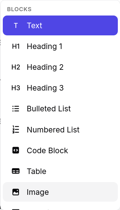Slash command menu showing block types: Text, Heading 1–3, Bulleted List, Numbered List, Code Block, Table, and Image