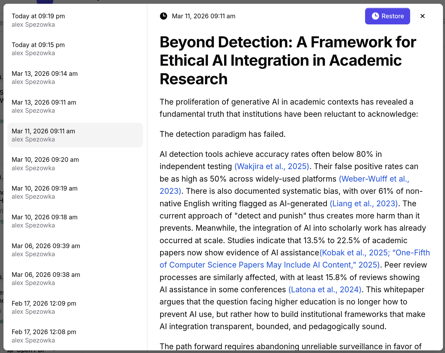 Version history panel showing a timestamped list of versions on the left with a read-only document preview on the right, including a Restore button